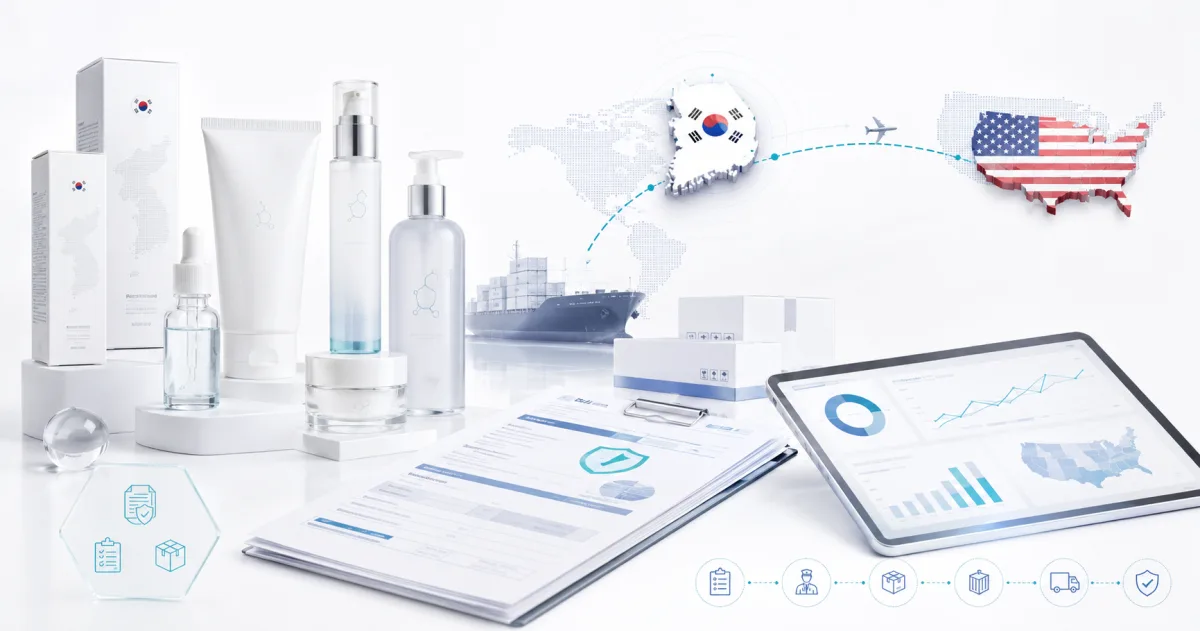 Korean cosmetics arranged with shipping documents representing import to the United States