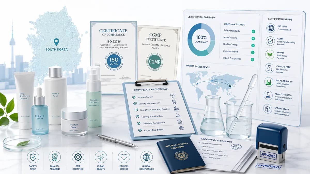 Korean cosmetic manufacturing certifications representing ISO 22716 and GMP standards