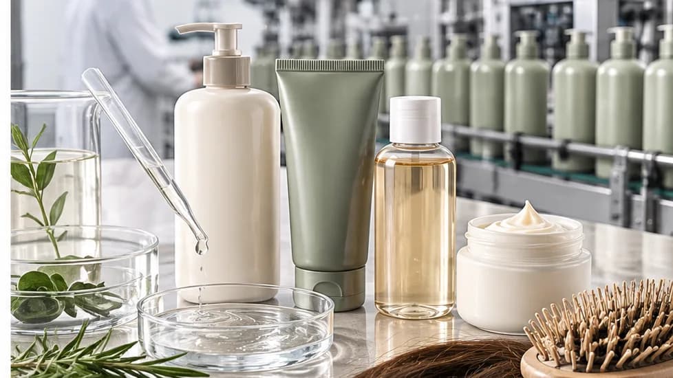 Korean shampoo, conditioner and scalp serum representing a full hair care line manufactured in Korea