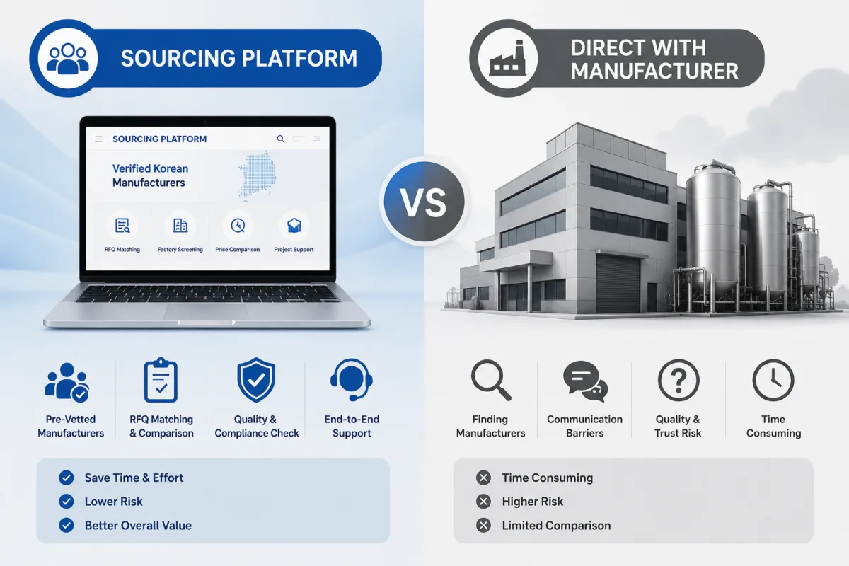 Buyer comparing routes to Korean cosmetics manufacturers representing sourcing platform versus direct contact
